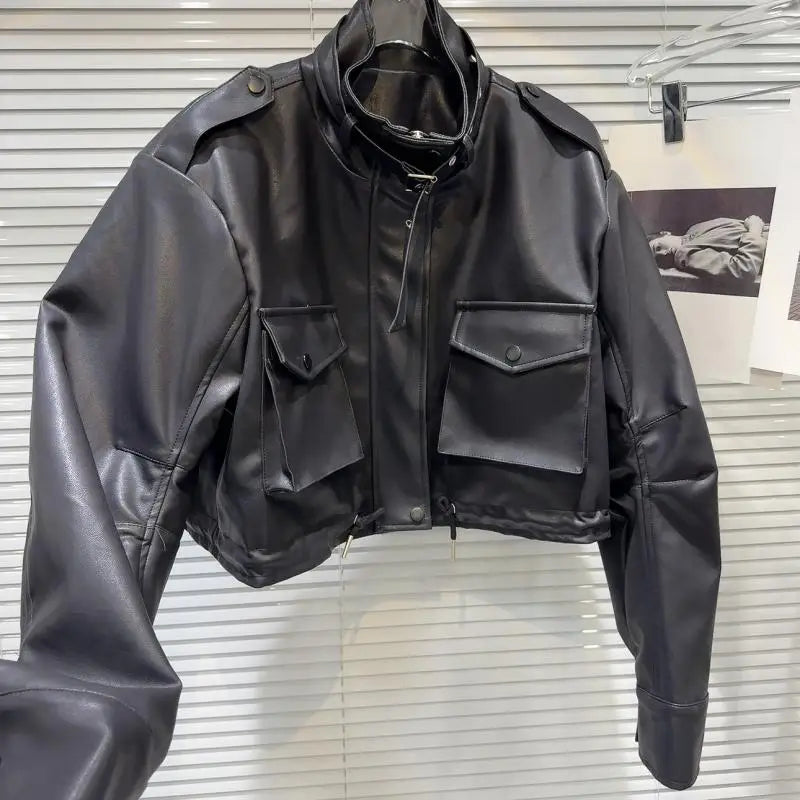 Pre Order:  Buckle Front Pockets Cropped Faux Leather Jacket