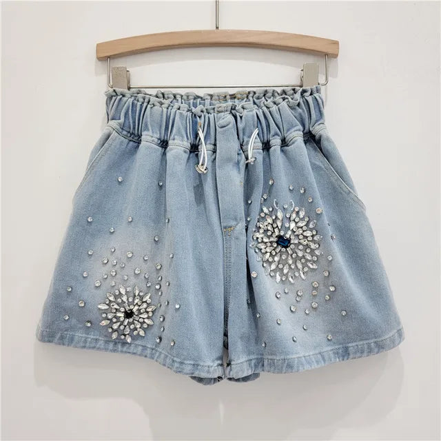 Pre Order:  Diamond Elastic Waist Drawstring Denim Shorts