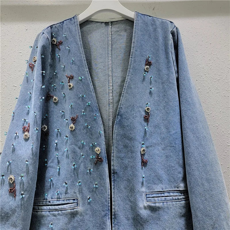 Pre Order:  Bead Studded Front Pockets Denim Jacket