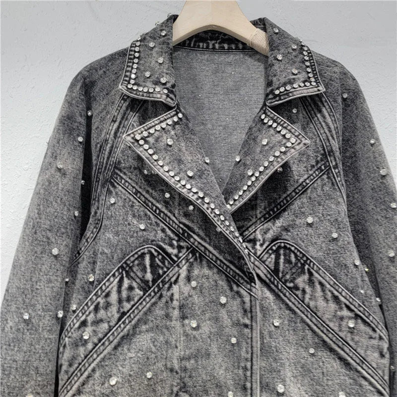 Pre Order:  Nail Bead Inlaid Diamond Denim Jacket