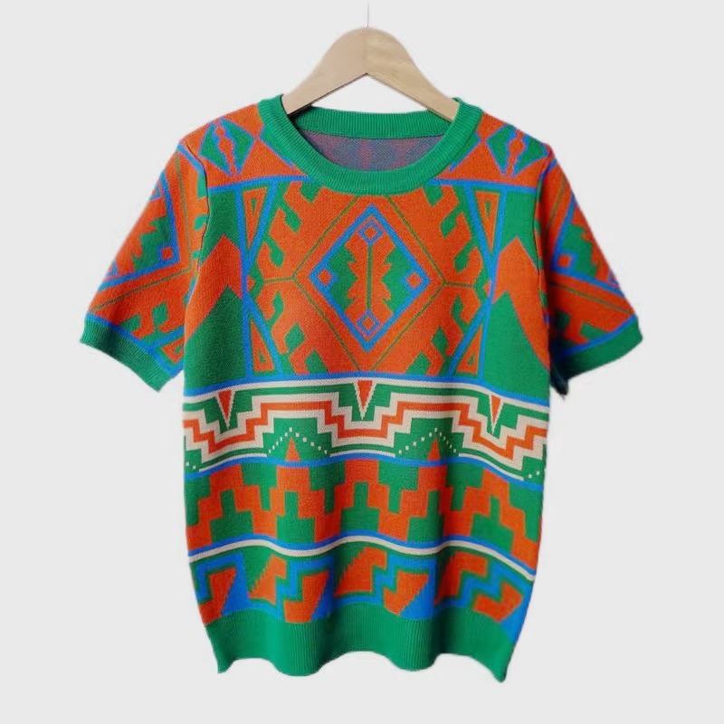 Pre Order:  Geometric Jacquard Short Sleeve Knitted T-Shirt