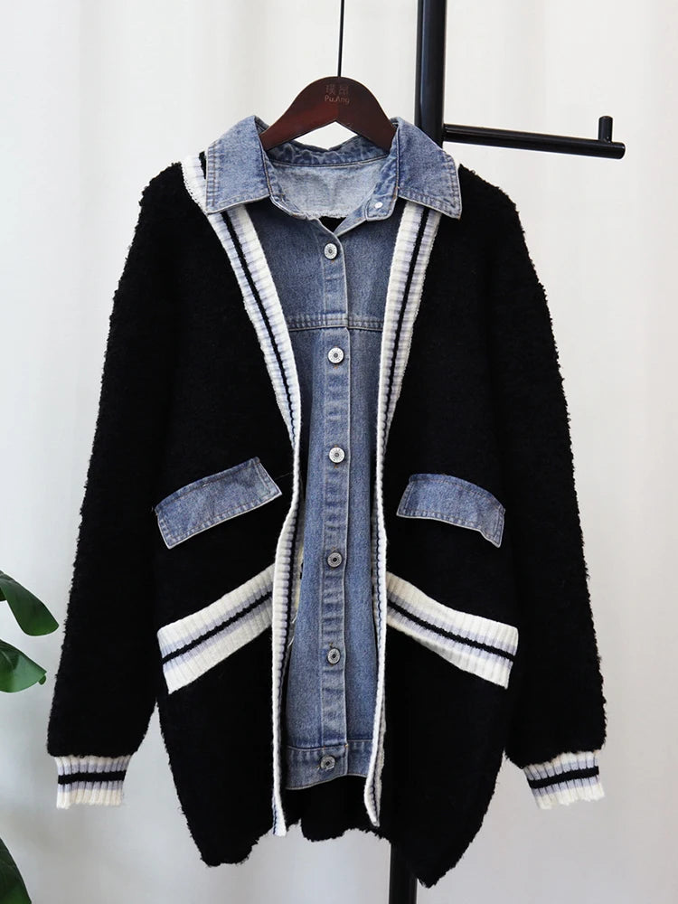 Denim Contrast Color Block Cardigan