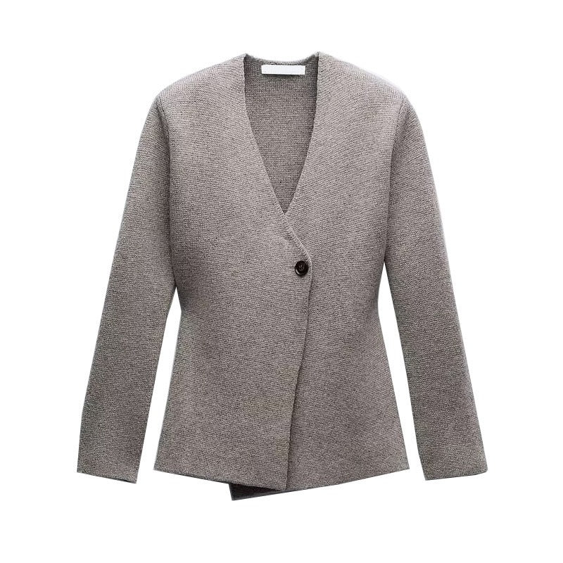 One Button V-neck Wool Knit Sweater Jacket