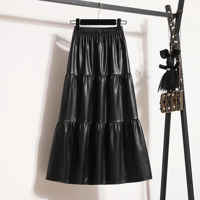 Pre Order:  Splicing Soft Leather Elastic Waist Pleated Skirt