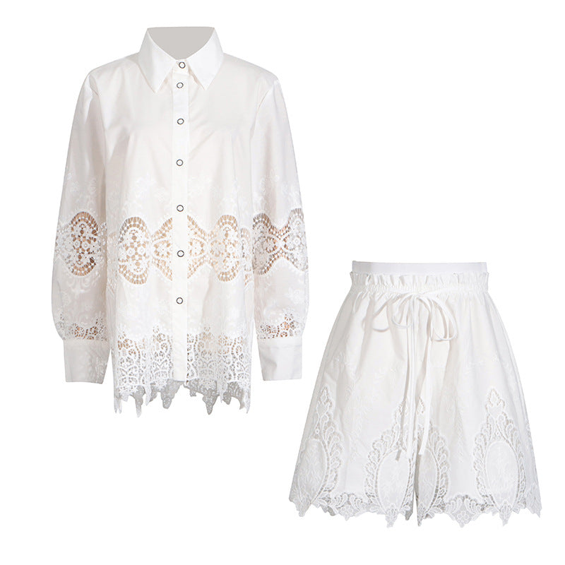 Embroidered Hollowed Out Shirt + Shorts Set