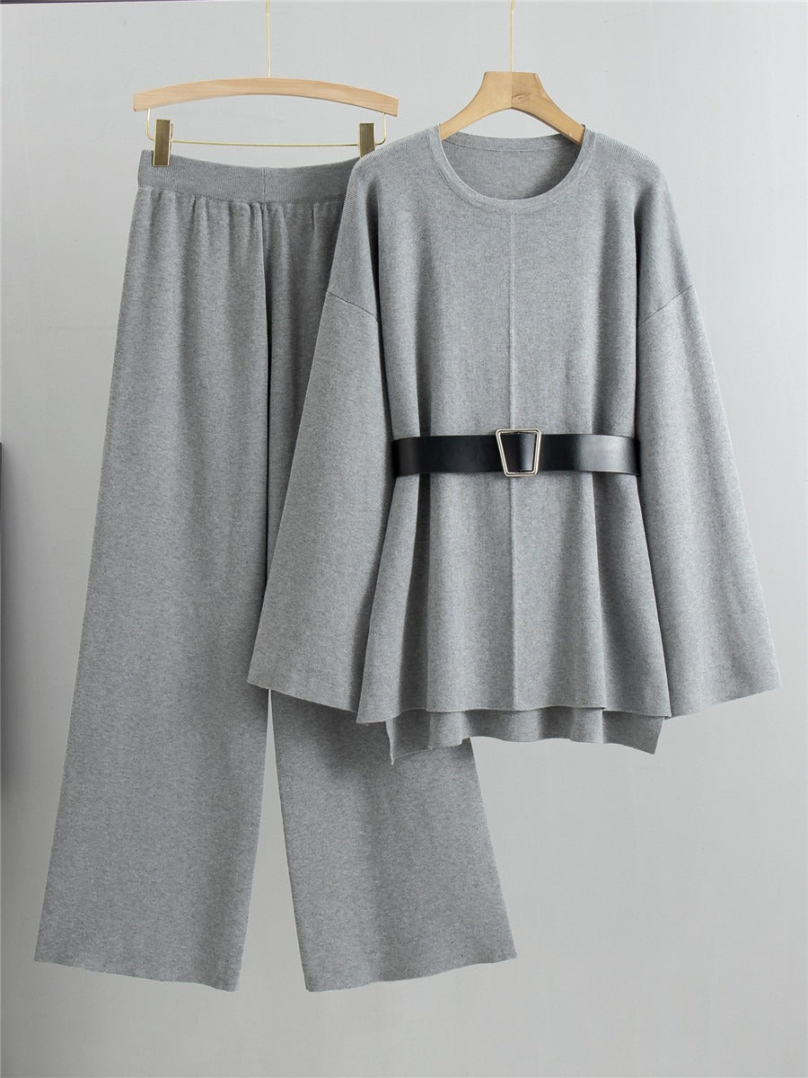 Pre Order: Knitted Loose Belted Sweater + Wide Leg Pants Set