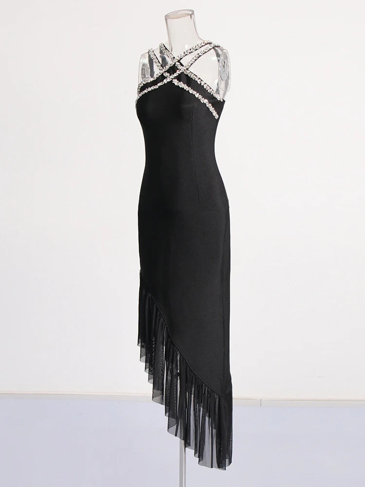 Pre Order:  Black Spliced Mesh Mid-Back Dress