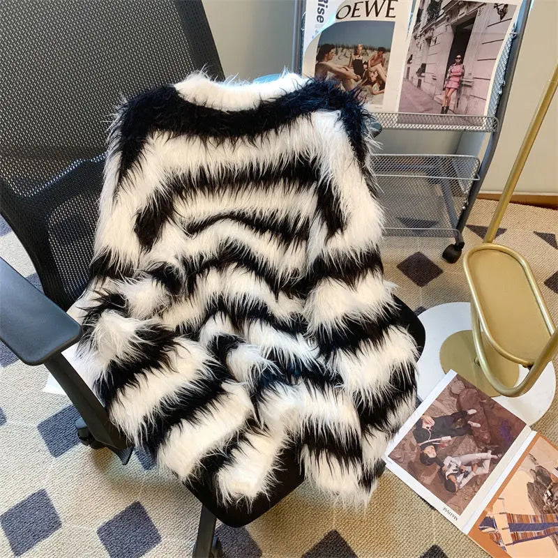 Stripes Faux Fur Loose Sweater