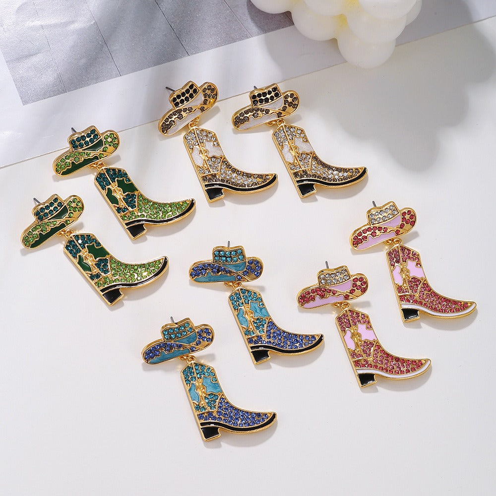 Rhinestones Cowboy Hat Boots Earrings