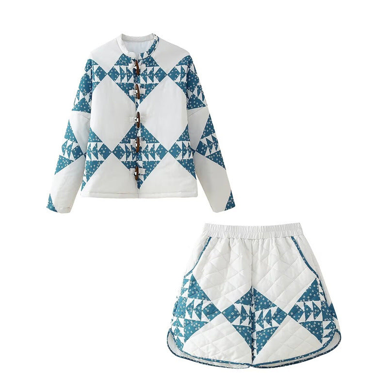 Pre Order:  Casual Printed Cotton Jacket + Cotton Shorts Set