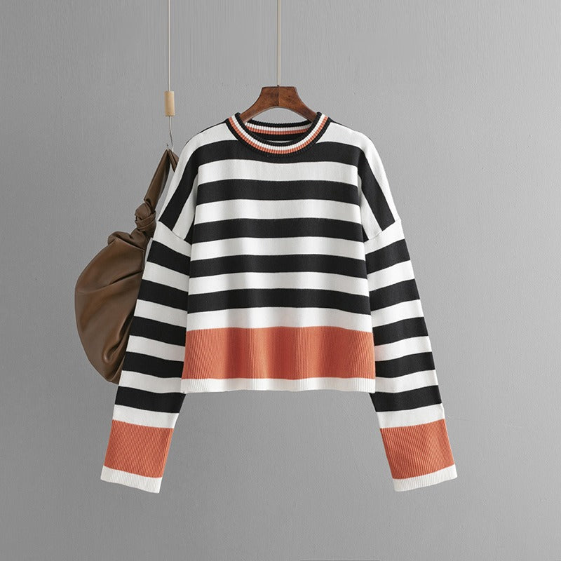 Pre Order:  Casual Striped Long Sleeved Round Neck Knitted Sweater