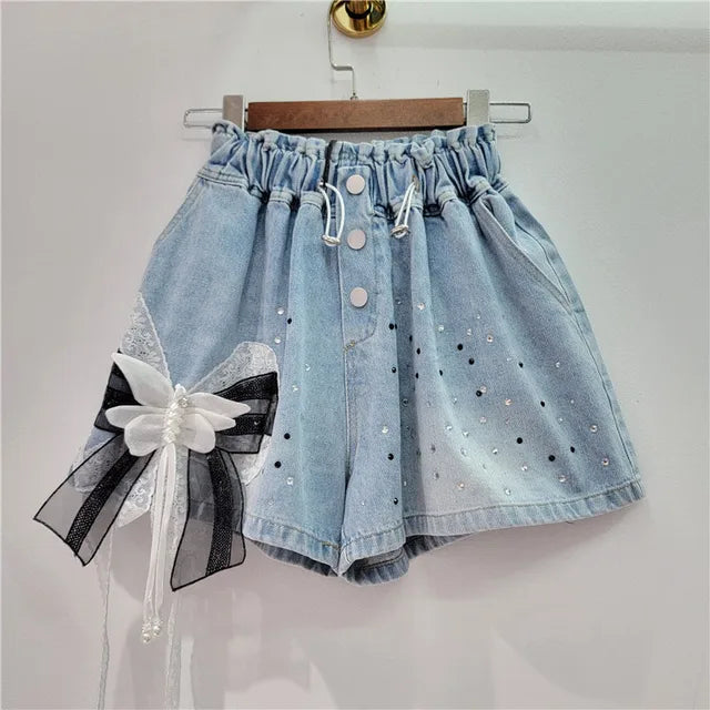 Pre Order: Hot Stamping 3D Butterfly Bow Wide Leg Denim Shorts