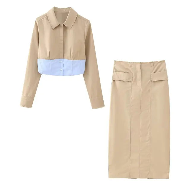 Long Sleeve Splicing Shirt + High Waist Hem Slit Skirt