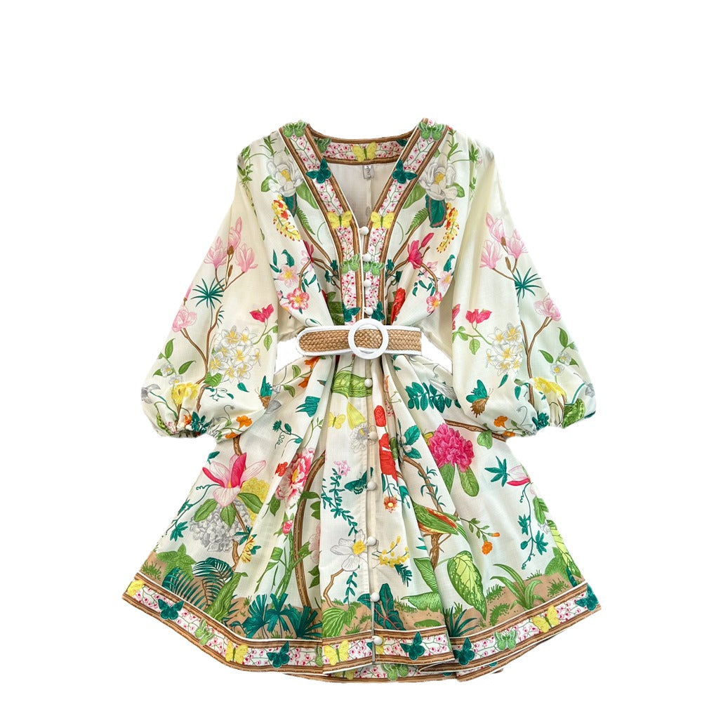 Flower Print Lantern Sleeves V-Neck A-Line Dress