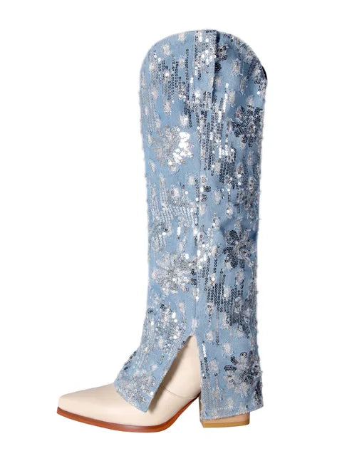 Pre Order:  Pointed Toe Chunky Heel Sequined Denim Leg Boots