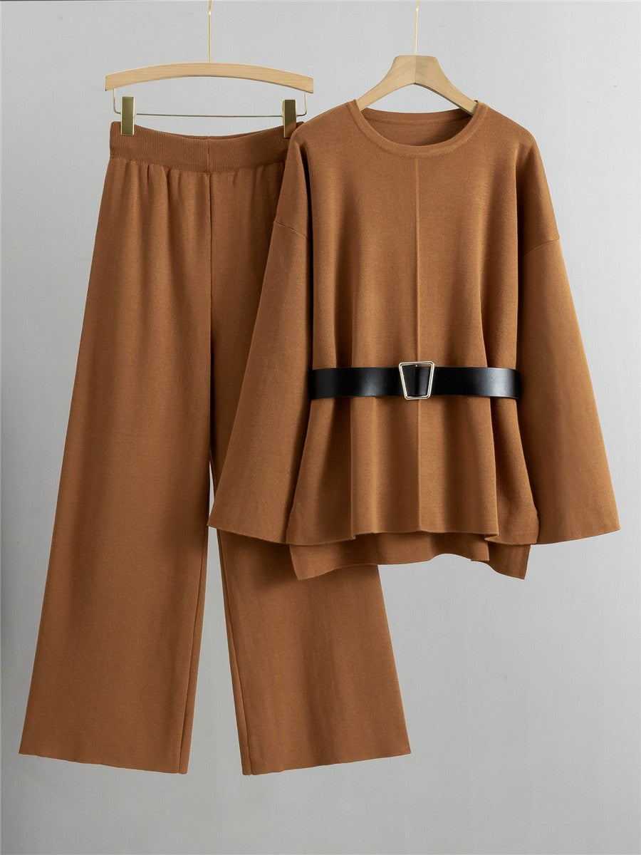 Pre Order: Knitted Loose Belted Sweater + Wide Leg Pants Set