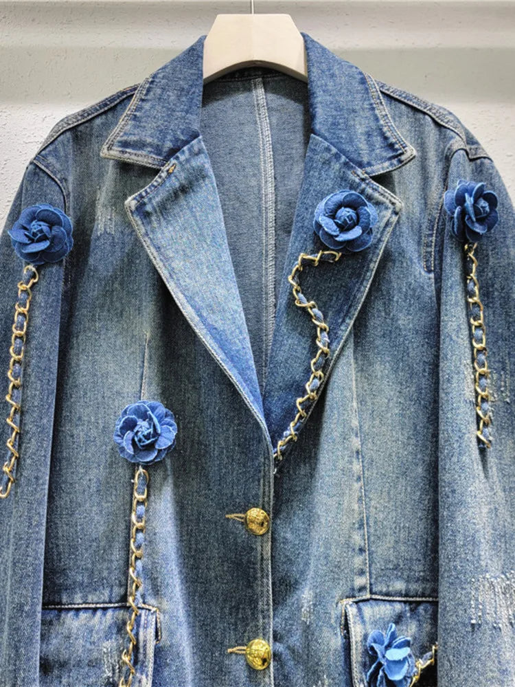 Pre Order:  3D Flower Patchwork Gold Chain Washed Denim Jacket