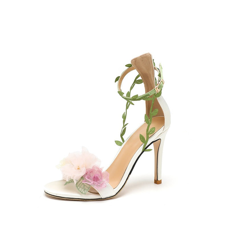 Pink Chiffon Flower Vine Strap High Heel Sandals