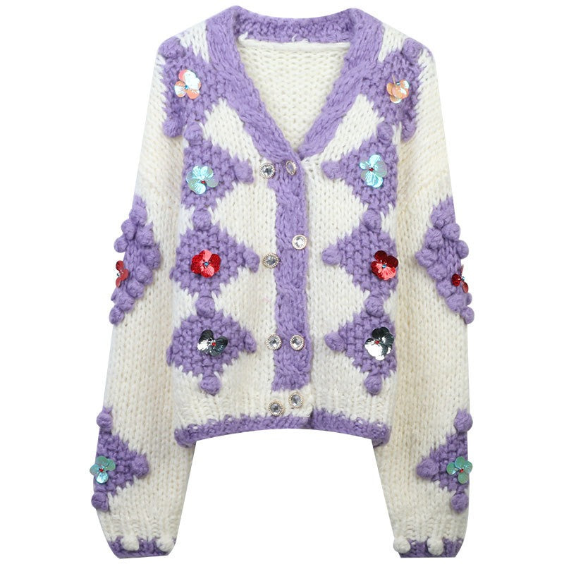 Pre Order:  Color Block Hand Hooked Floral Sequin Knit Cardigan