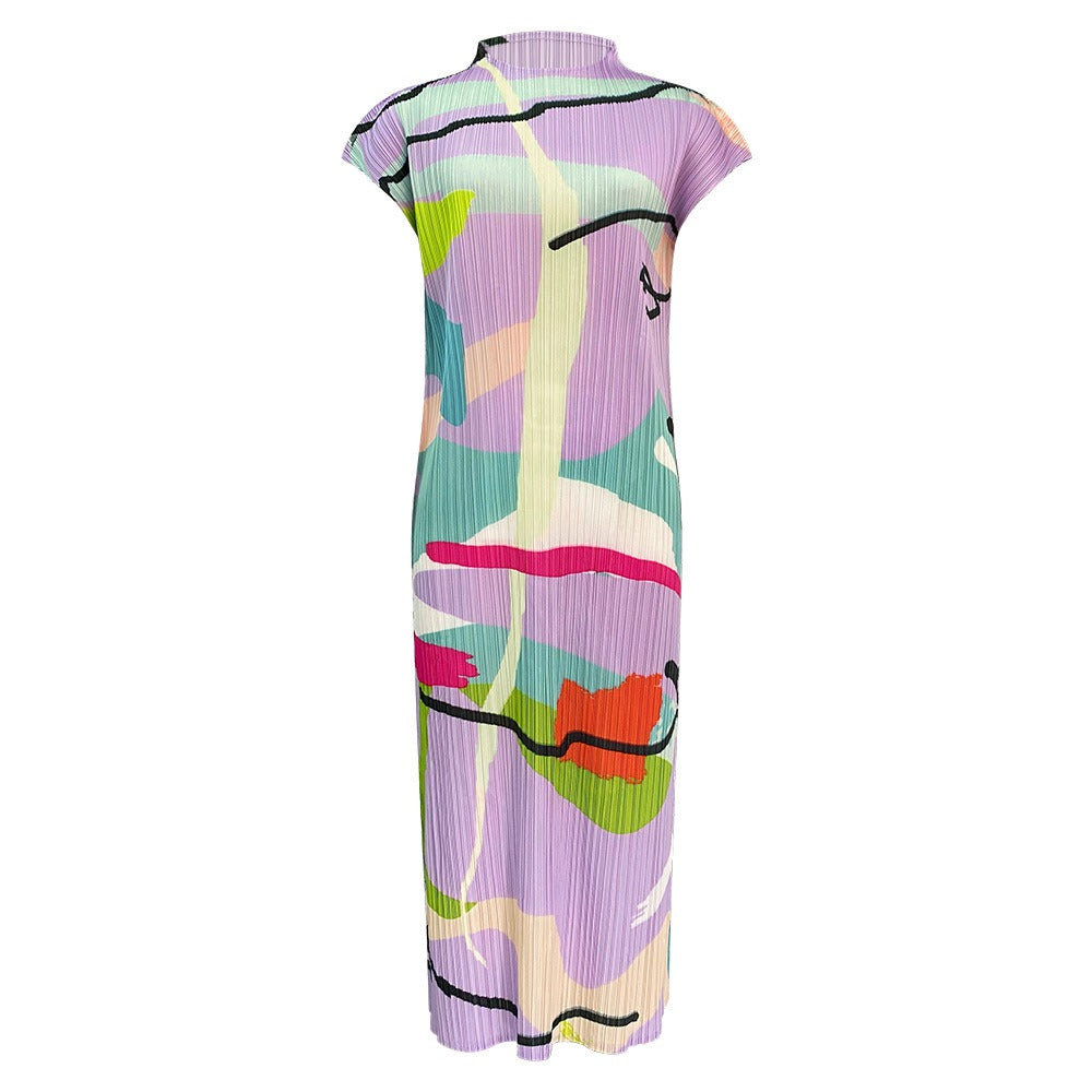 Pre Order:  Round Neck Abstract Pleated Dress