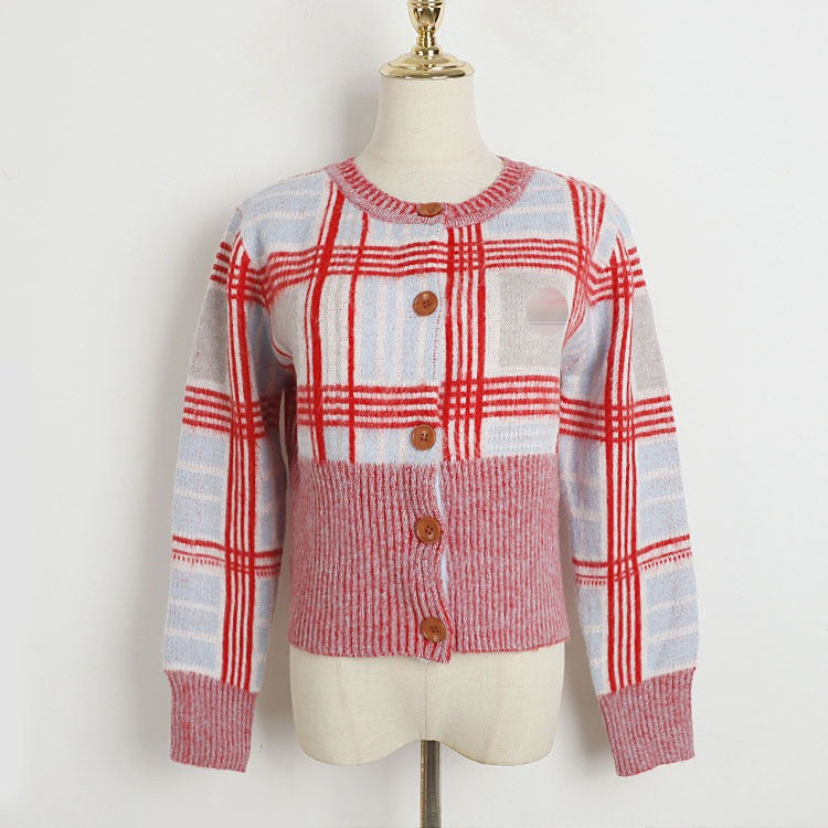 Pre Order:  Embroidered Plaid Mohair Round Neck Short Cardigan