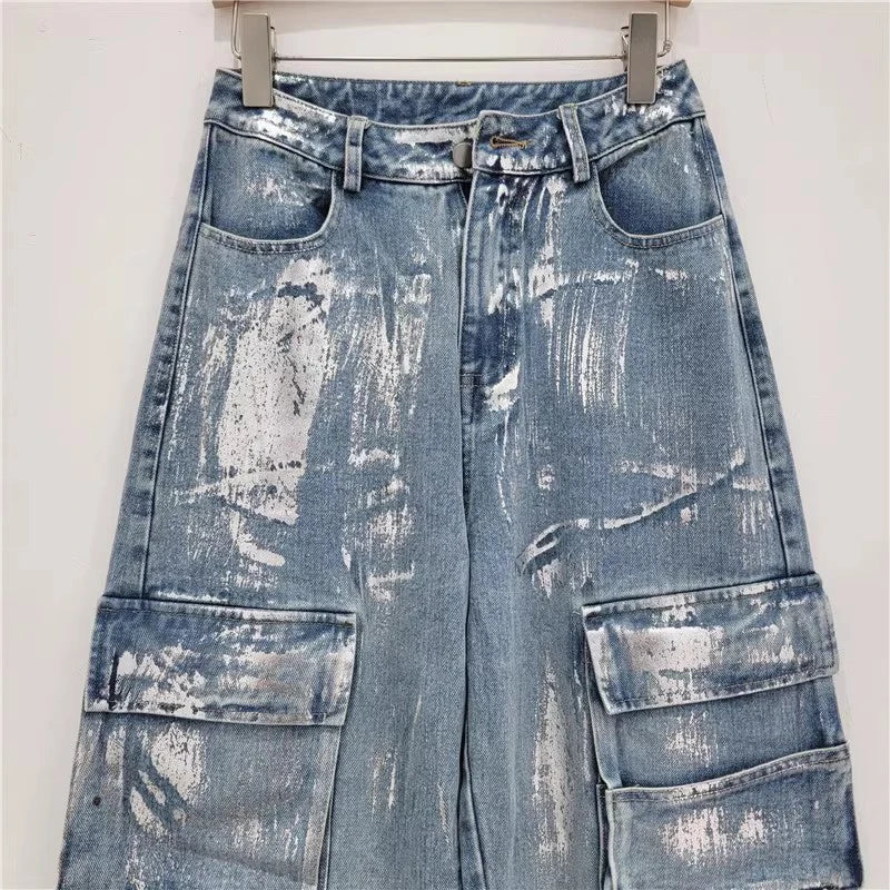 Pre Order:  High Waist Straight Wide Leg Multiple Pockets Denim Pants