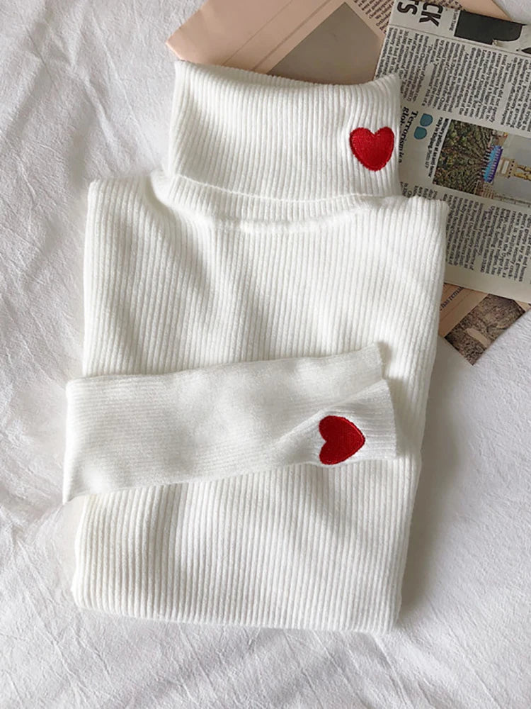 Pre Order:  Hearts Turtleneck Ribbed Knitted Sweater