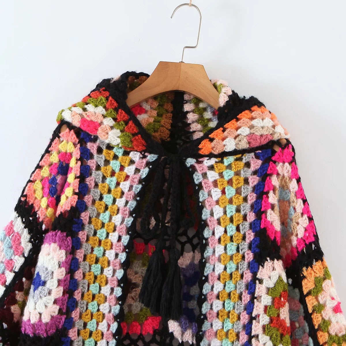 Handmade Bohemian Plaid Flower Hooded Cardigan