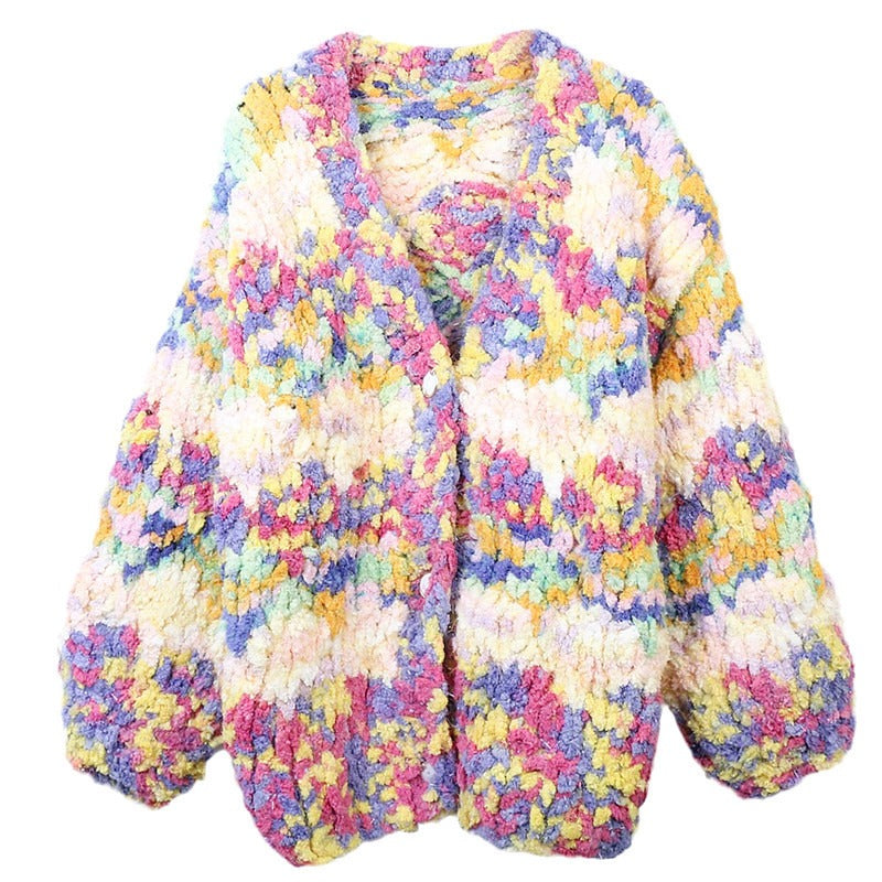 Pre Order:  Rainbow V-Neck Long Sleeved Loose Thick Knit Cardigan