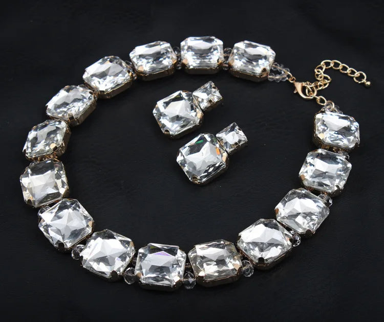 Pre Order:  Square Crystals Necklace-Earrings Set