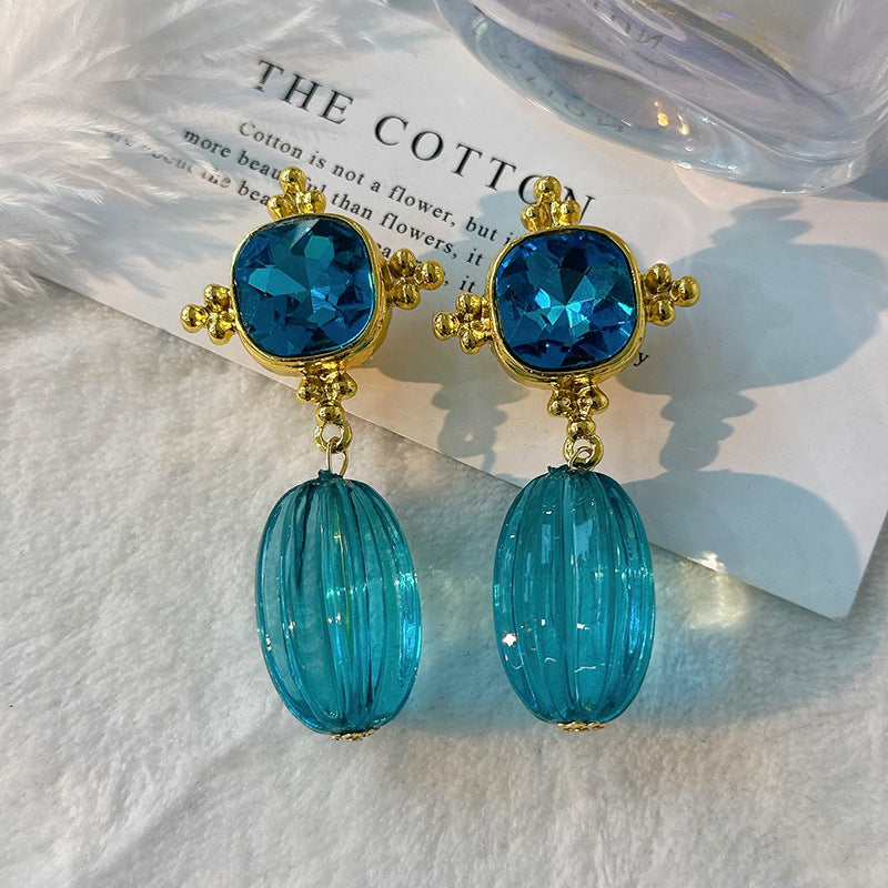 Pre Order:  Retro Blue Geometric Crystal Pendant Earrings