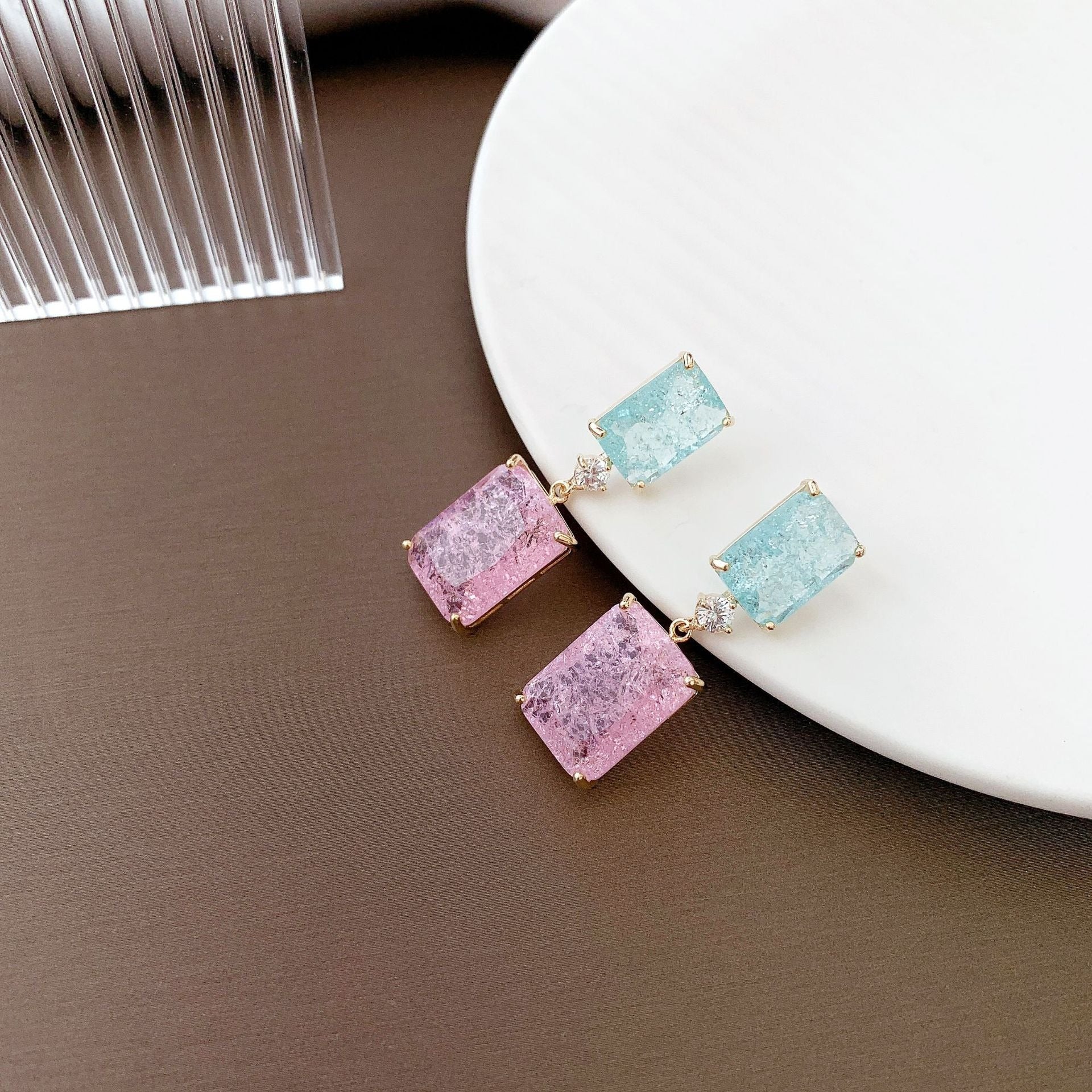 Pre Order:  Silver Needle Geometric Block Ice Crack Earrings