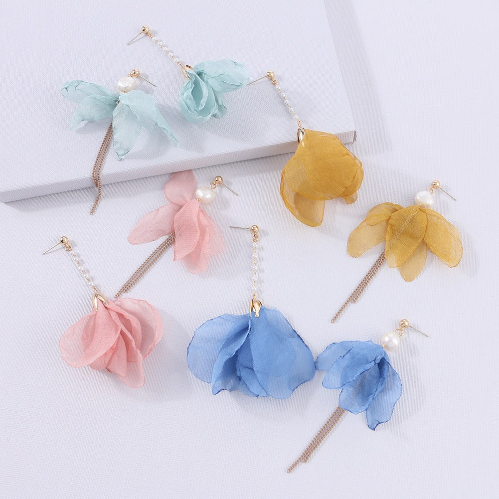 Pre Order:  Long Tassel Flower Pearl Asymmetric Earrings