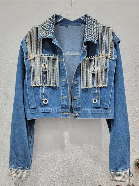 Pre Order:  Spliced Diamond Tassel Long Sleeved Denim Jacket