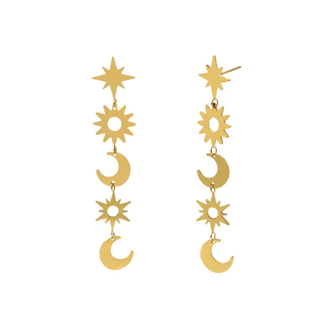 Pre Order:  Long Drop Star Moon Charms Stainless Earrings