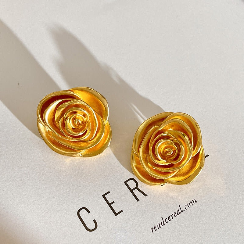 Pre Order:  Retro Medal Gold Three-Dimensional Rose Stud Earrings