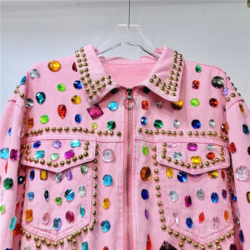 Pre Order:  Rivet Beaded Diamond Pink Denim Loose Jacket