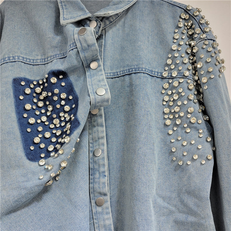 Nail Bead Diamond Inlaid Loose Long Denim Shirt