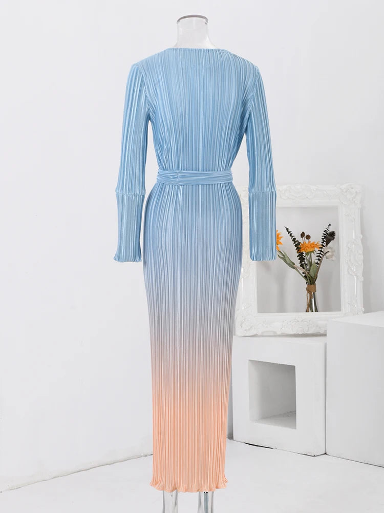 Pre Order:  Lace Up Pleated Long Sleeved Elastic Gradient Dress