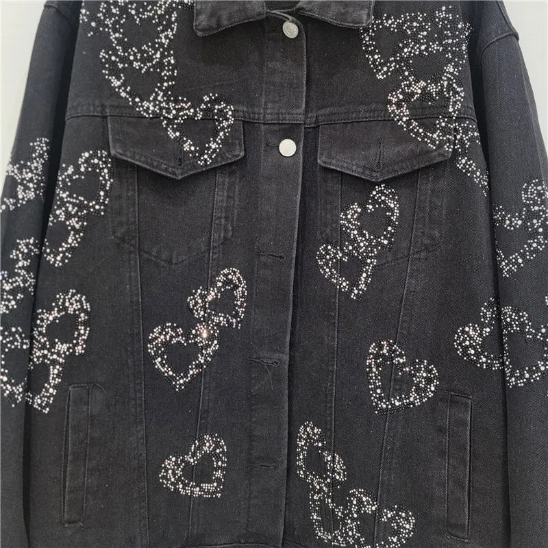 Pre Order:  Heart Diamond Beaded Black Denim Jacket