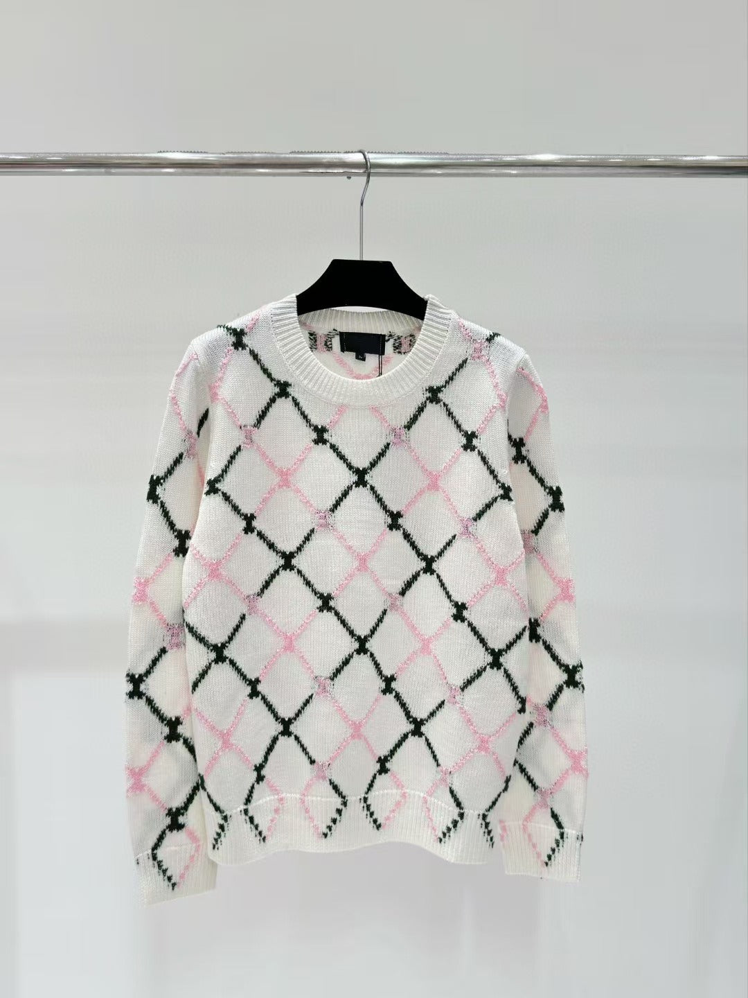 Pre Order:  Diamond Grid Jacquard Round Neck Knitted Sweater