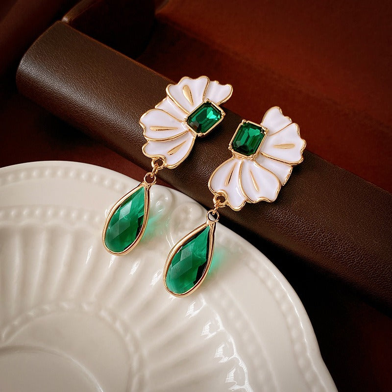 Pre Order:  Oil Dripping Flower Emerald Water Drop Earrings