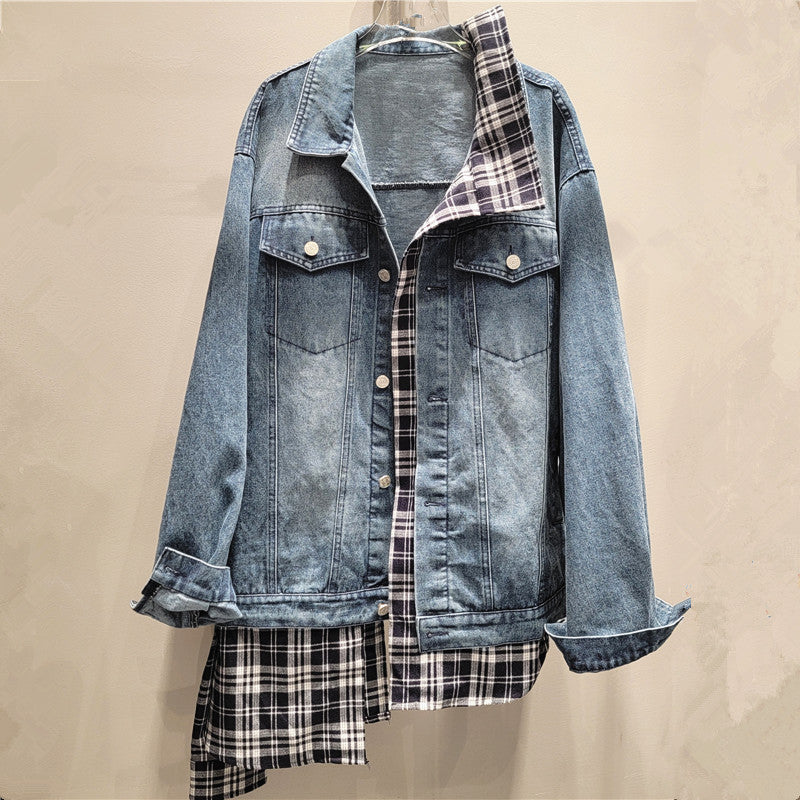 Pre Order: Irregular Spliced Plaid Loose Fit Denim Jacket