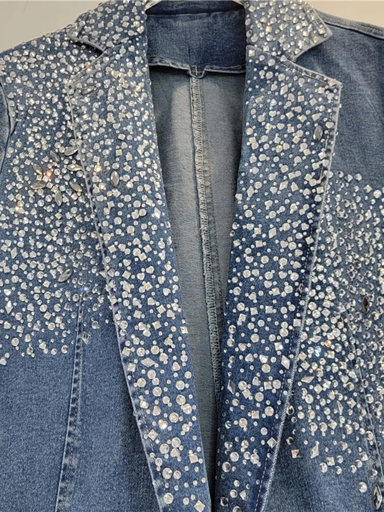 Pre Order:  Gradient Blue Diamond Embellished Irregular Denim Blazer