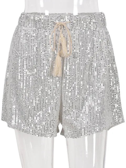 Pre Order:  Silver Sequins Low Waist Lace Up Mini Shorts