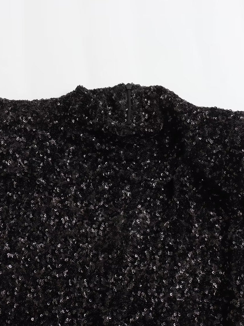 Black Sequined Padded Shoulder Mini Dress