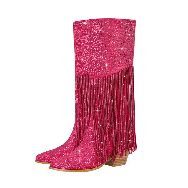 Tassel Rhinestone Chunky Heel Knee Long Boots