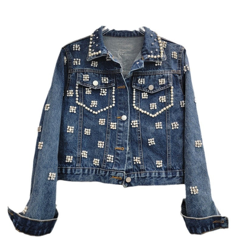 Pre Order:  Pearl Diamond Embroidered Long Sleeved Denim Jacket