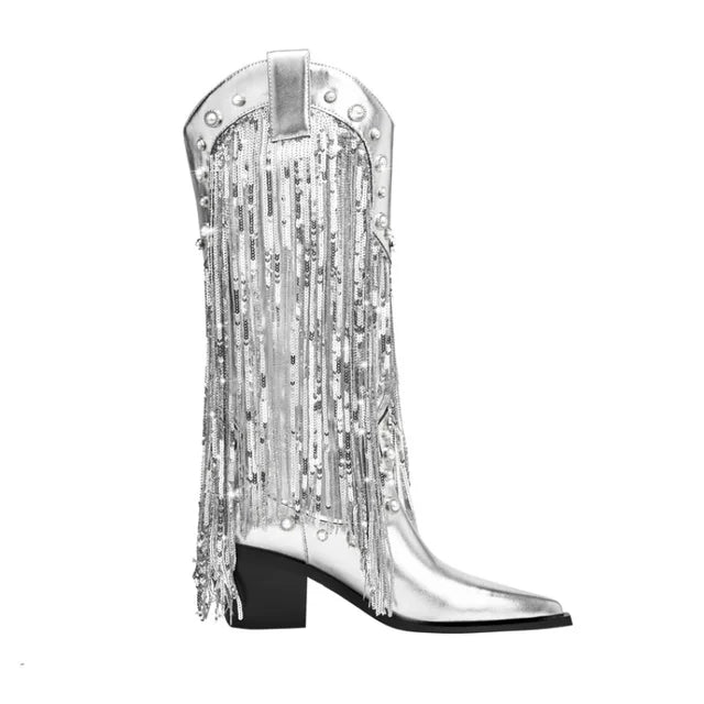 Sequins Faux Pearls Tassel Boots