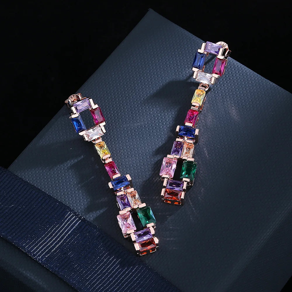 Pre Order:  925 Silver Needle Colorful Zircon Stones Long Earrings